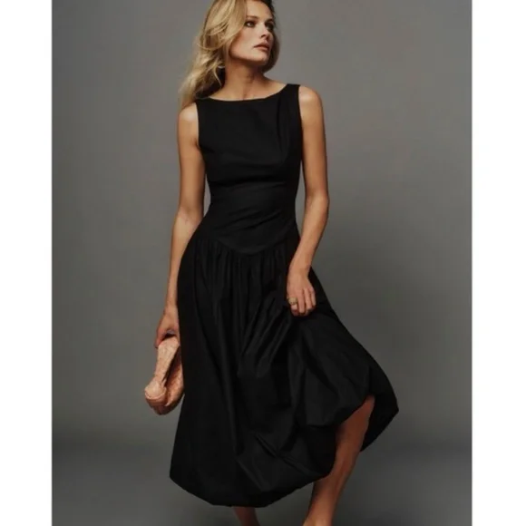 ANTHROPOLOGIE REFORMATION ELVIRA OPEN BACK MIDI DRESS BLACK ORGANIC COTTON 6 NWT - Picture 3 of 13